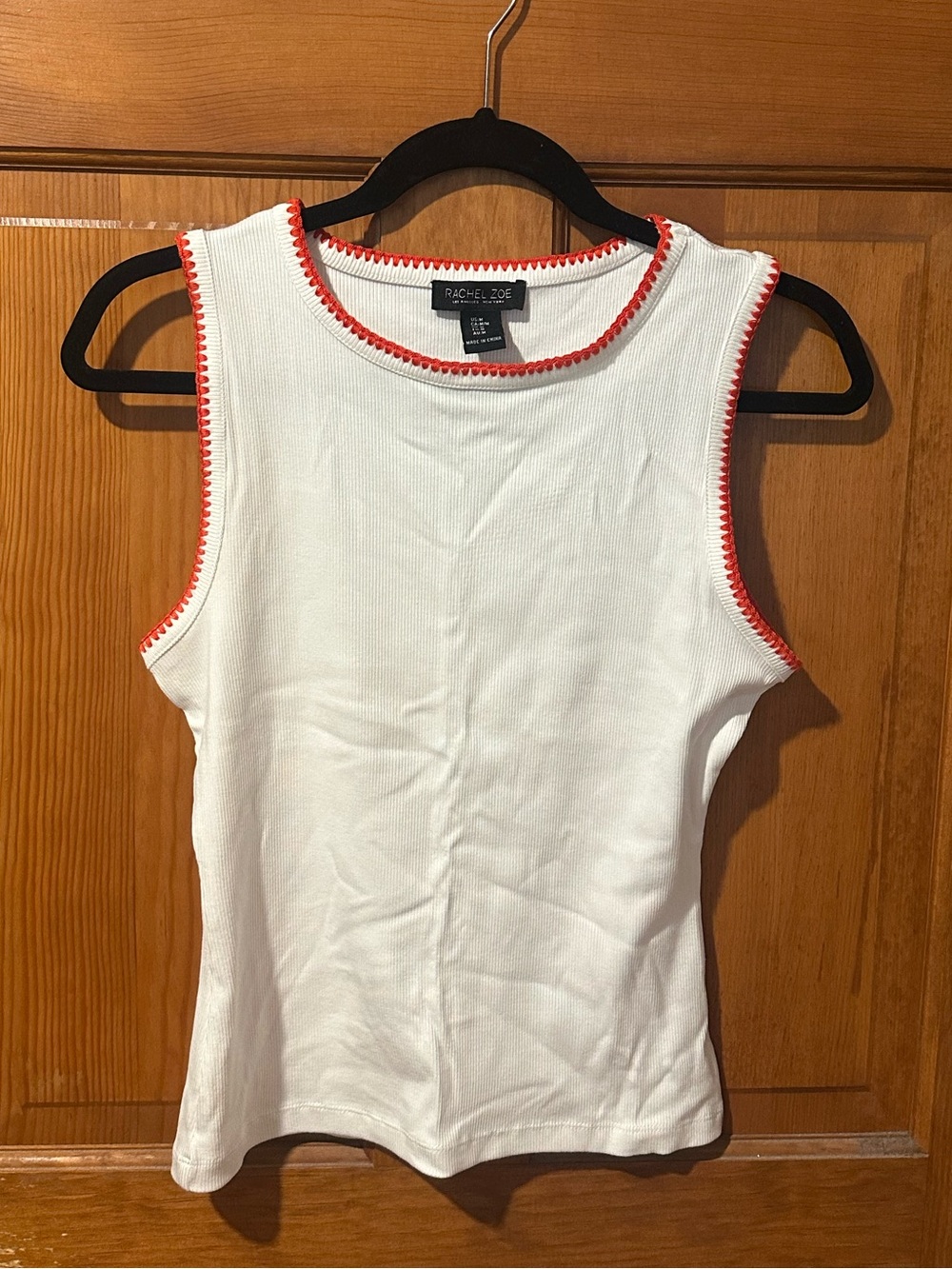 Rachel Zoe White Ribbed Tank with Coral Red Trim